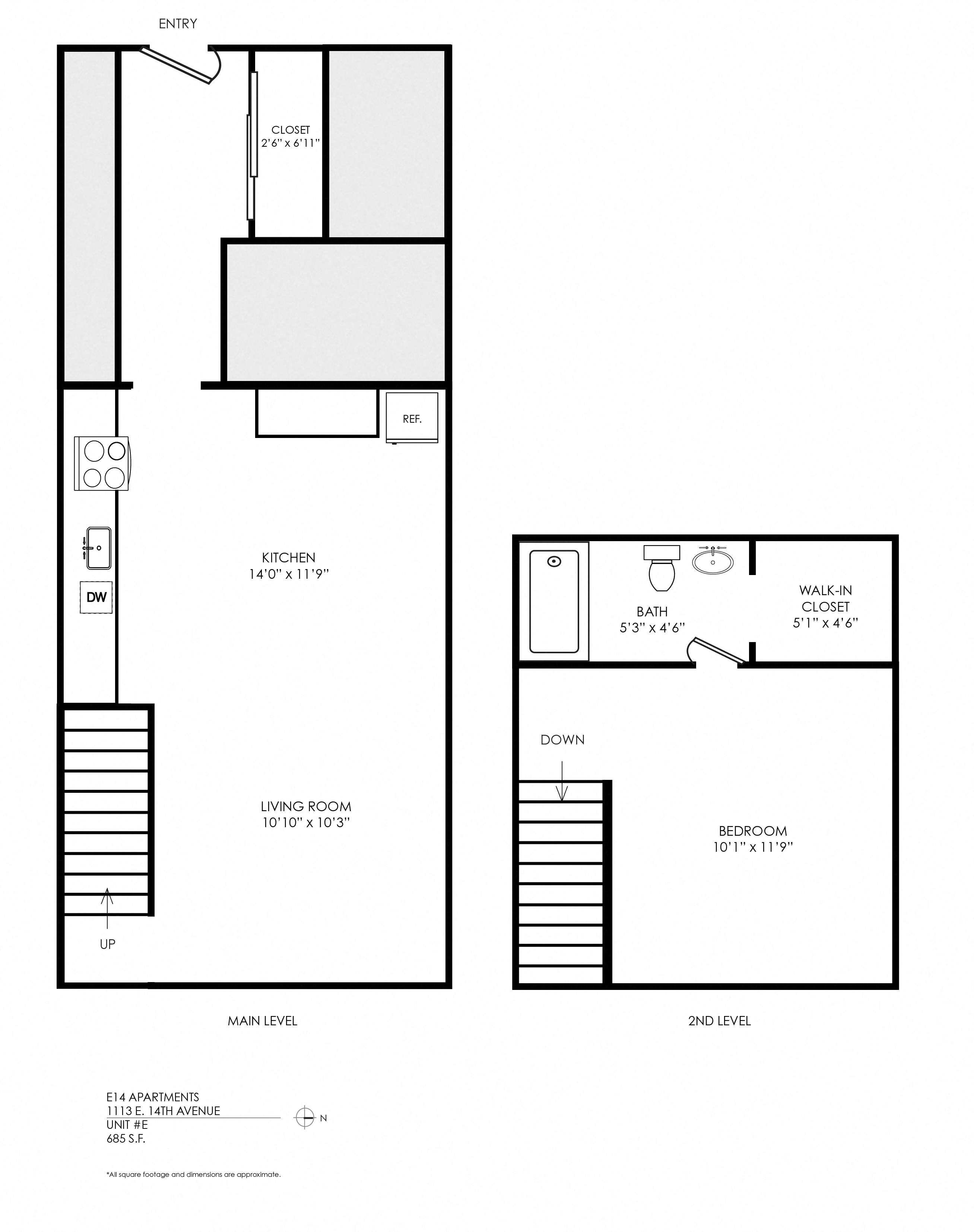 Floor plan for 1 bed, 1 bath, 445 sqft